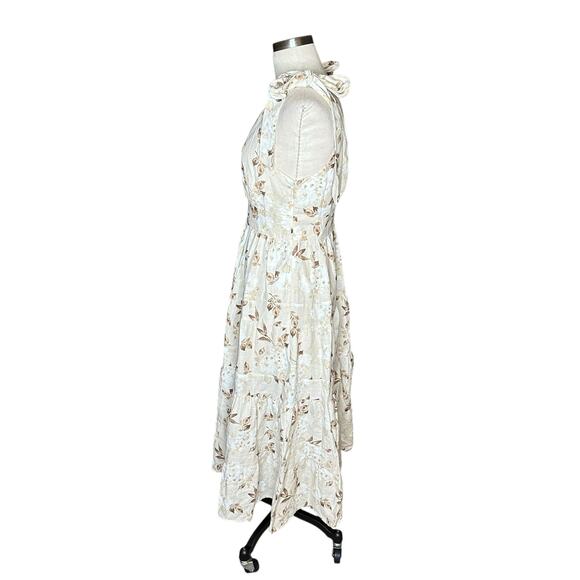 HOUSE OF HARLOW 1960 Tan Brown Cream Linen Tiered Midi Dress Floral Women's S - Picture 2 of 8